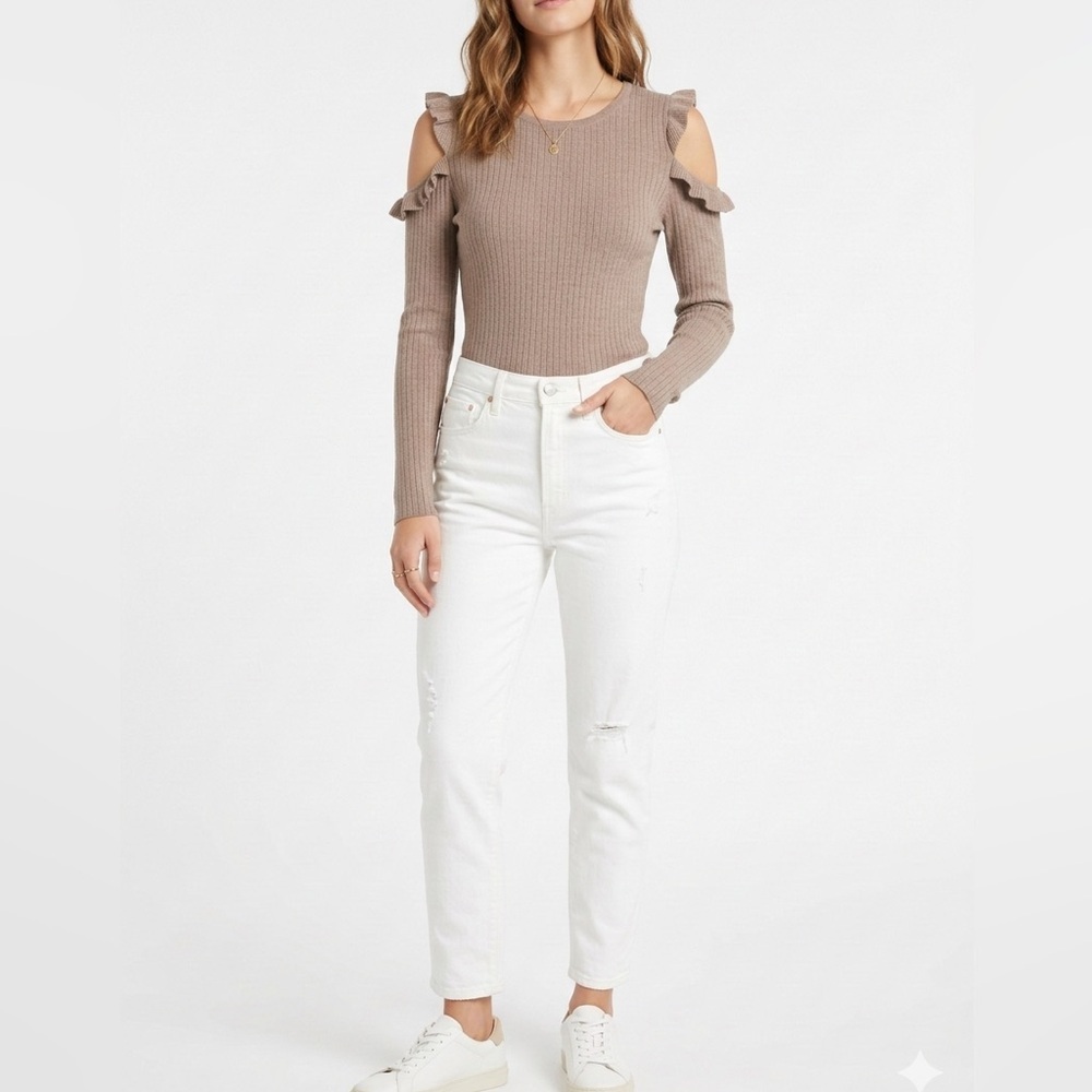 White House Black Market Ribbed Cold Shoulder Ruffle Sweater Top Taupe Size M